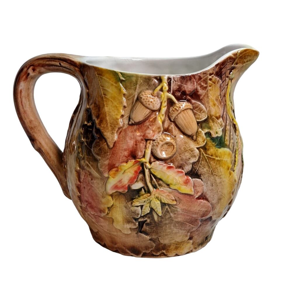 Neiman Marcus Pitcher Autumn Woodland Relief Made in Italy Brown Gold Red 7"
